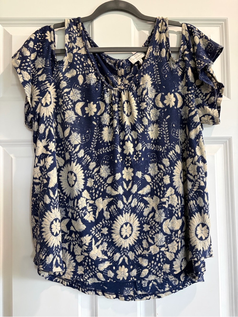 Lucky Brand Navy Blue Floral Cold-Shoulder Blouse